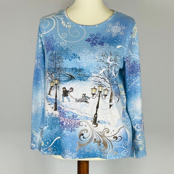 Holiday Editions Studded Christmas Shirt Sz L Winter Snowflake Sledding - Picture 1 of 7